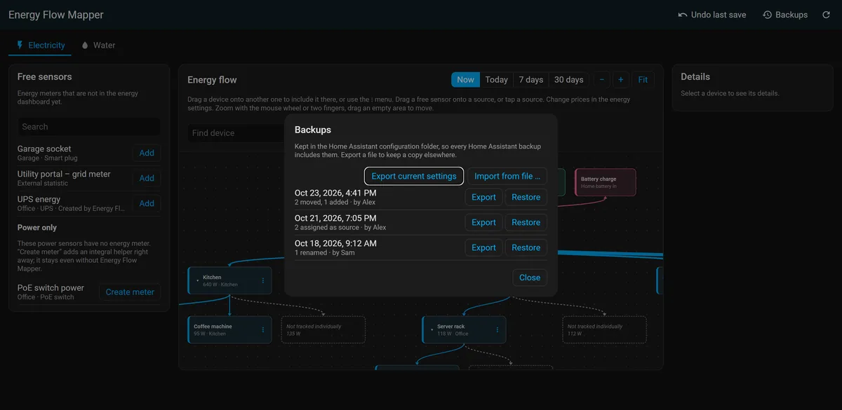 The list of backups with export and restore buttons